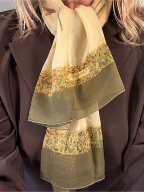 FERRAGAMO Silk Chiffon Botanical 61” Oblong Scarf CREAM OLIVE GOLDS IVORY EUC